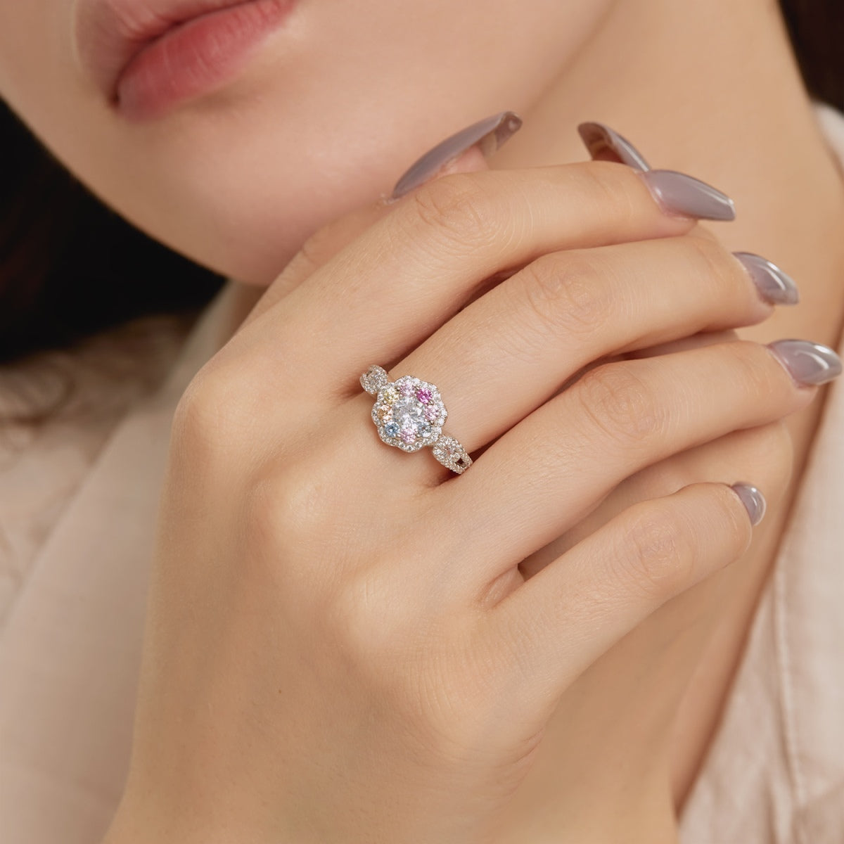[Kincade Jewelrys]Delicate Colorful Round Cut Flower Shape Wedding Ring