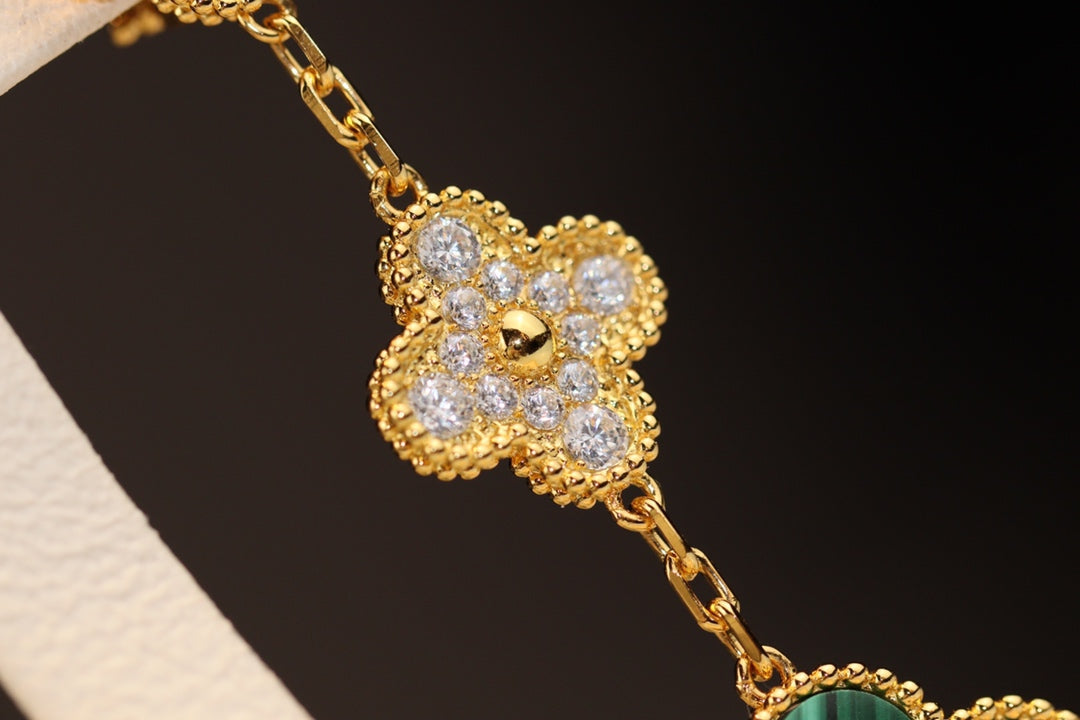 [Kincade Jewelrys]CLOVER EARRINGS GOLD MALACHITE DIAMOND 3 MOTIF