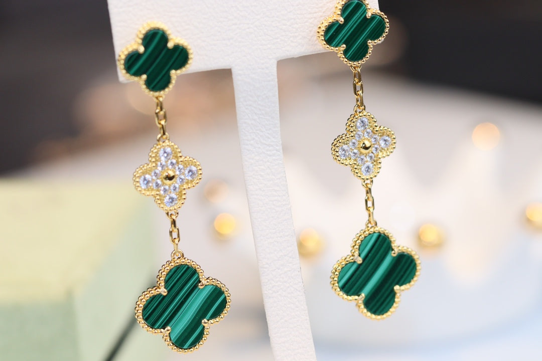 [Kincade Jewelrys]CLOVER EARRINGS GOLD MALACHITE DIAMOND 3 MOTIF