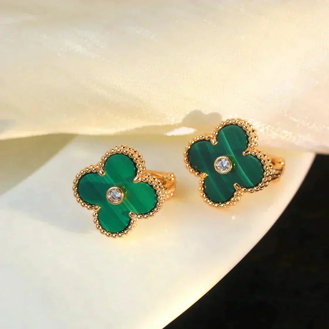 [Kincade Jewelrys]CLOVER MEDIUM 1 MOTIFS MALACHITE DIAMOND EARRINGS