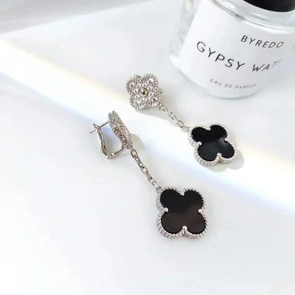 [Kincade Jewelrys]CLOVER 2 MOTIFS  DIAMOND ONYX EARRINGS SILVER