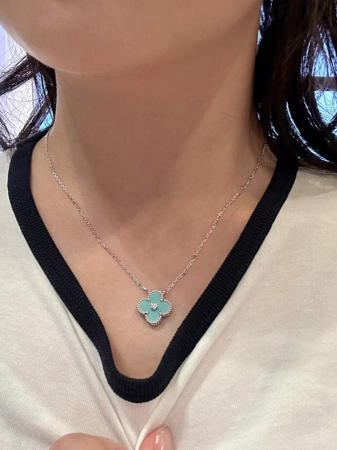 [Kincade Jewelrys]CLOVER 1 DIAMOND LIGHT BLUE SILVER NECKLACE