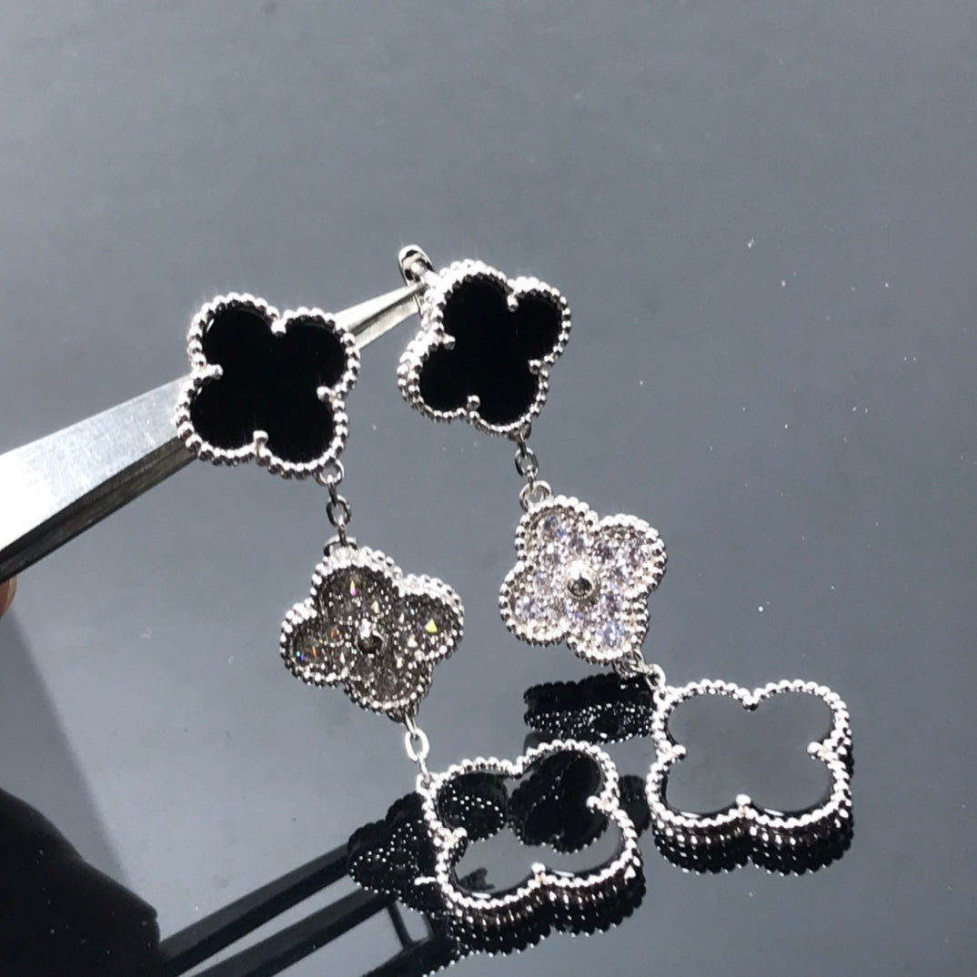 [Kincade Jewelrys]CLOVER 3 MOTIF DIAMOND ONYX SILVER EARRINGS