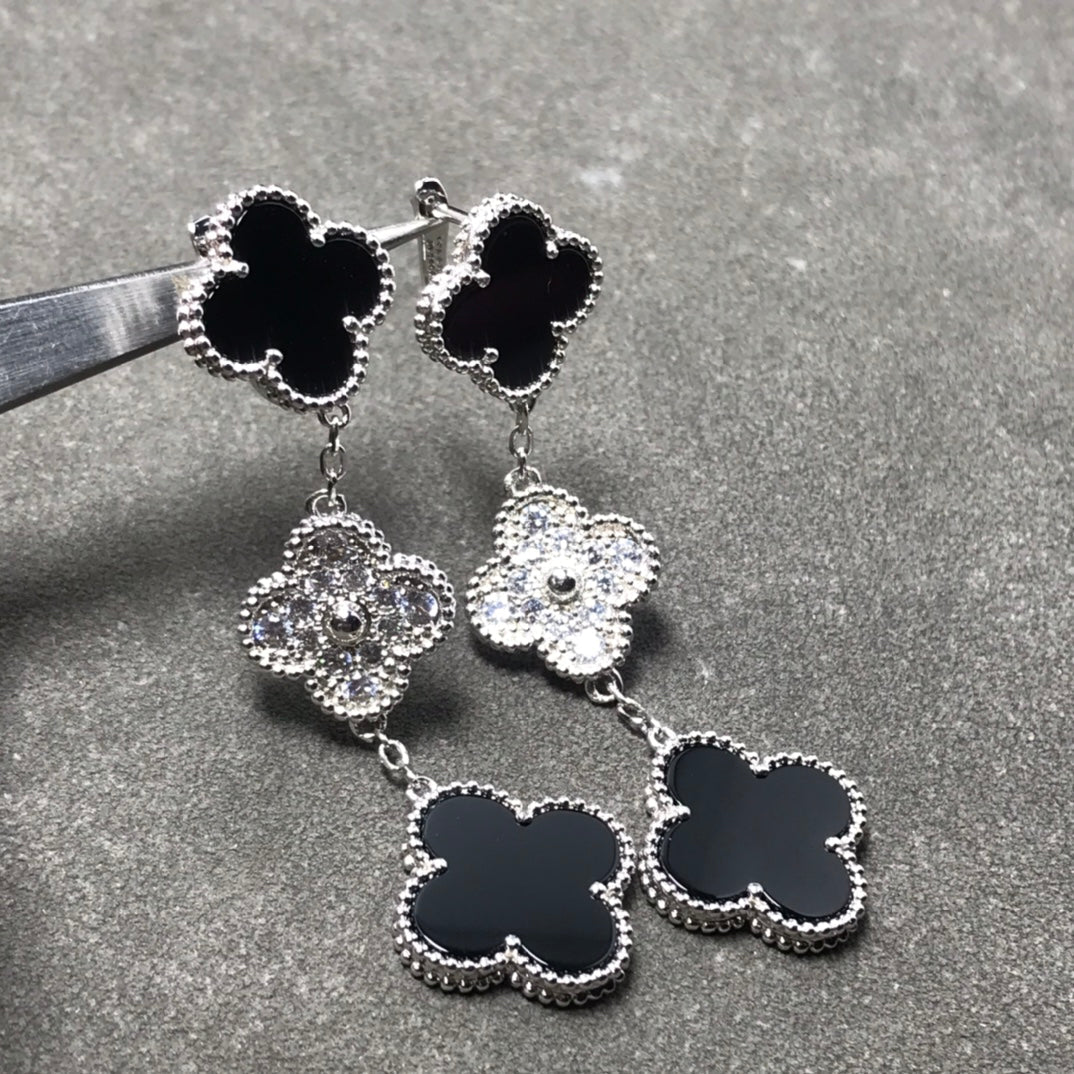 [Kincade Jewelrys]CLOVER 3 MOTIF DIAMOND ONYX SILVER EARRINGS