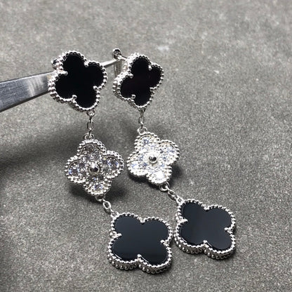 [Kincade Jewelrys]CLOVER 3 MOTIF DIAMOND ONYX SILVER EARRINGS