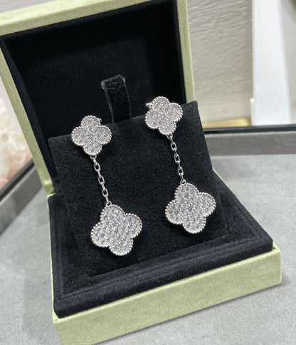 [Kincade Jewelrys]CLOVER 2 MOTIFS DIAMOND PAVED SILVER EARRINGS