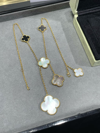 [Kincade Jewelrys]CLOVER 6 MOTIF MOP ONYX GOLD NECKLACE