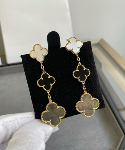 [Kincade Jewelrys]CLOVER 3 MOTIF MOP ONYX DARK MOP PINK GOLD EARRINGS