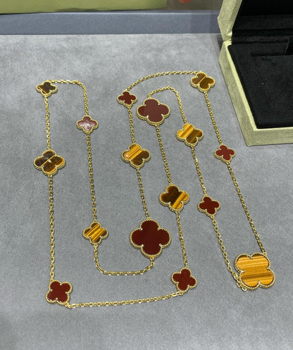 [Kincade Jewelrys]CLOVER 16 MOTIF CARNELIAN TIGER EYE ROSE GOLD NECKLACE