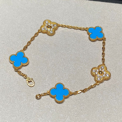 [Kincade Jewelrys]CLOVER 5 MOTIF BLUE CHALCEDONY DIAMOND GOLD BRACELET