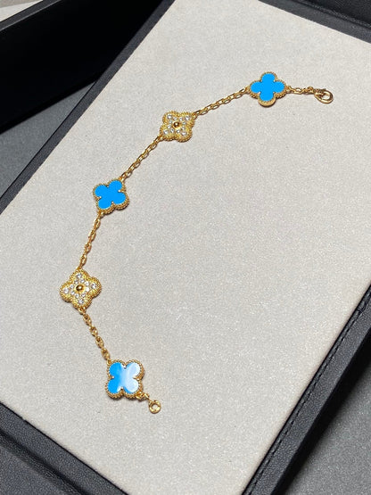 [Kincade Jewelrys]CLOVER 5 MOTIF BLUE CHALCEDONY DIAMOND GOLD BRACELET