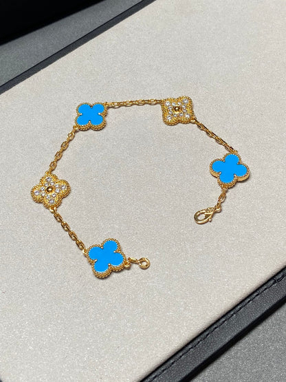 [Kincade Jewelrys]CLOVER 5 MOTIF BLUE CHALCEDONY DIAMOND GOLD BRACELET