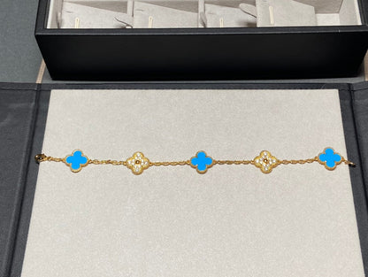 [Kincade Jewelrys]CLOVER 5 MOTIF BLUE CHALCEDONY DIAMOND GOLD BRACELET