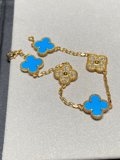 [Kincade Jewelrys]CLOVER 5 MOTIF BLUE CHALCEDONY DIAMOND GOLD BRACELET