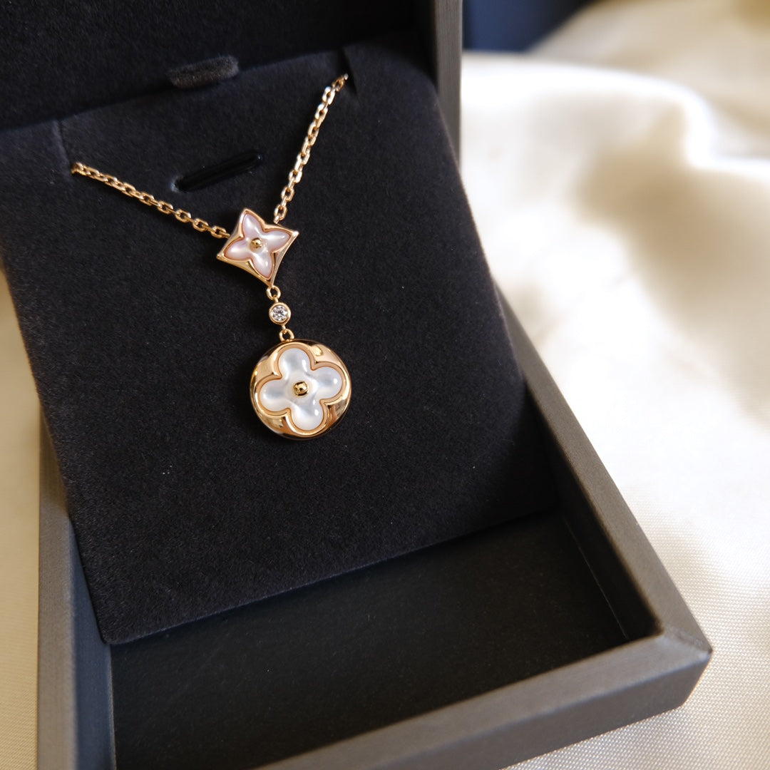 [Kincade Jewelrys]STAR AND SUN WHITE MOP 2 MOTIF PINK GOLD NECKLACE