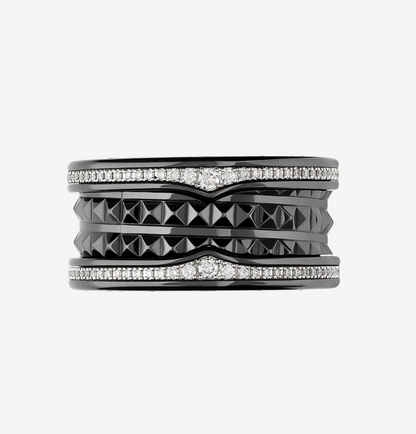 [Kincade Jewelrys]ZERO 1 ROCK FOUR-BAND BLACK CERAMIC WITH STUDDED SPIRAL AND PAVED DIAMONDS RING