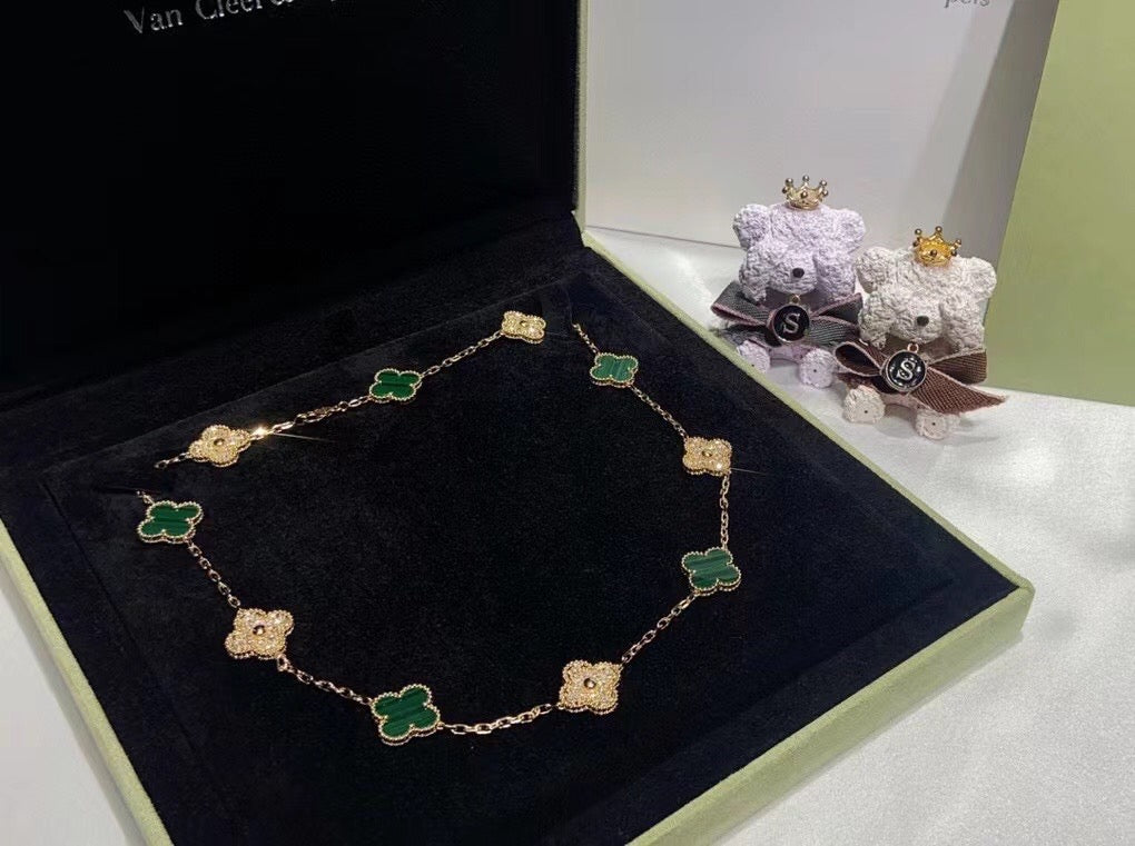 [Kincade Jewelrys]CLOVER 10 MOTIFS MALACHITE DIAMOND NECKLACE