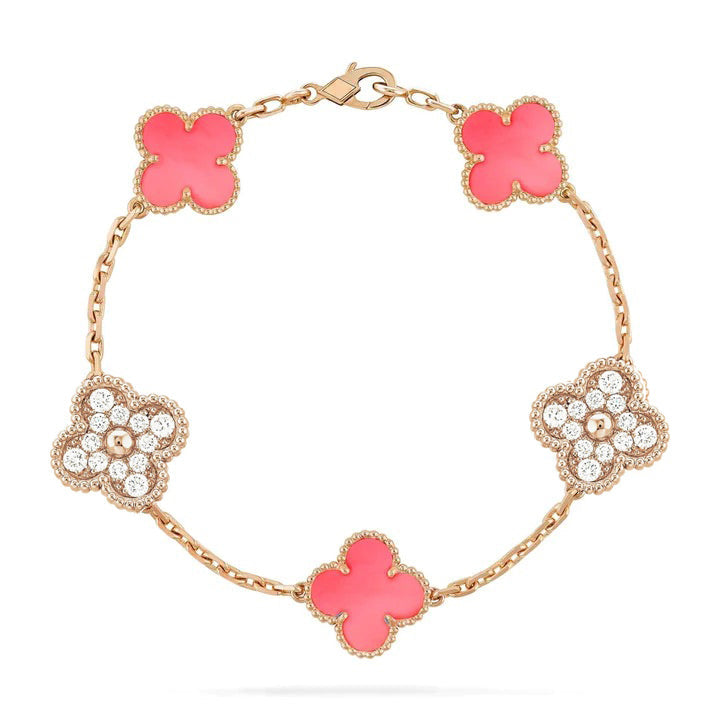 [Kincade Jewelrys]CLOVER 5 MOTIF DIAMOND PINK MOP PINK GOLD BRACELET