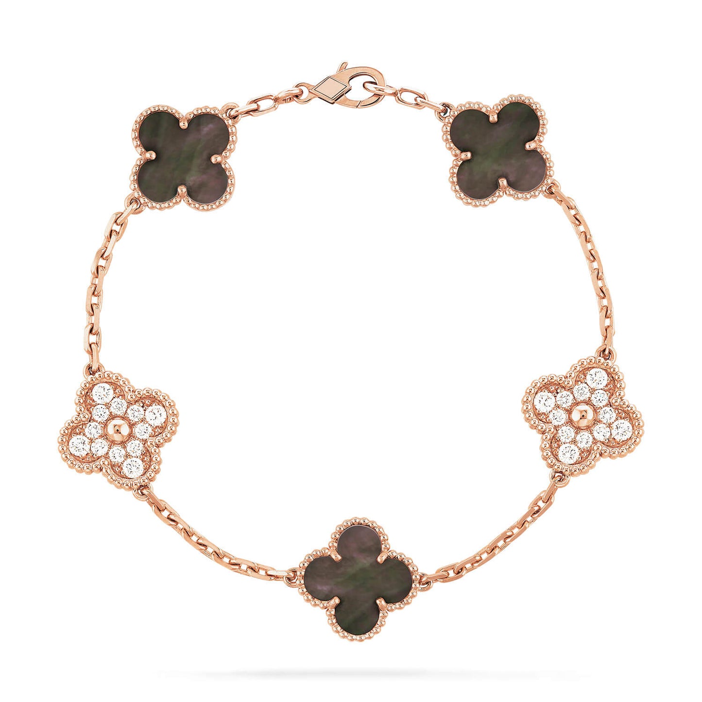 [Kincade Jewelrys]CLOVER 5 MOTIFS DARK MOP AND DIAMONDS PINK GOLD BRACELET