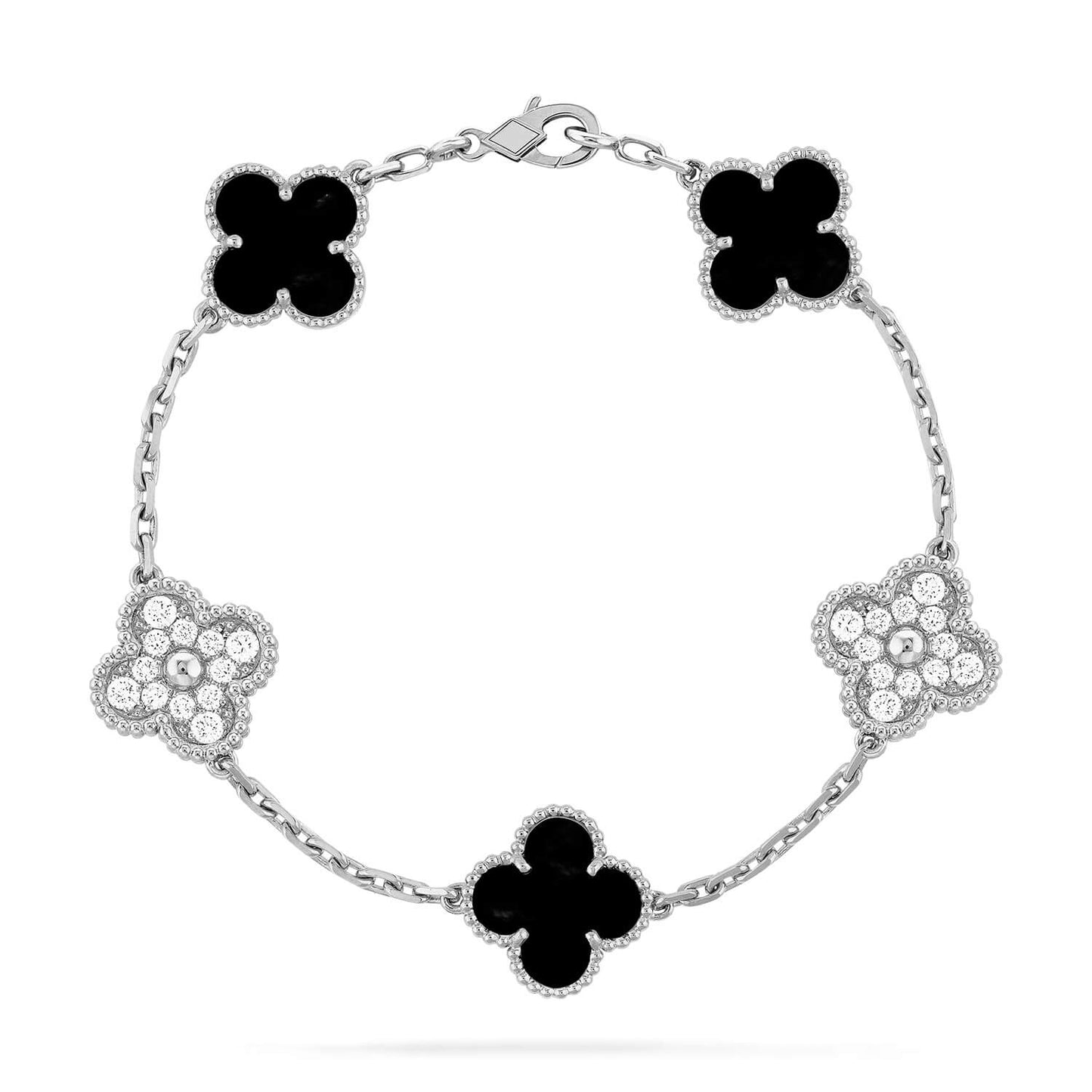 [Kincade Jewelrys]CLOVER 5 MOTIF ONYXS DIAMOND BRACELET SILVER