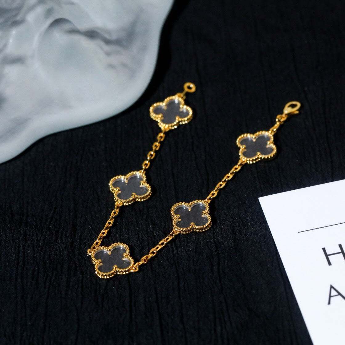 [Kincade Jewelrys]CLOVER 5 MOTIF ROCK CRYSTAL PINK GOLD BRACELET