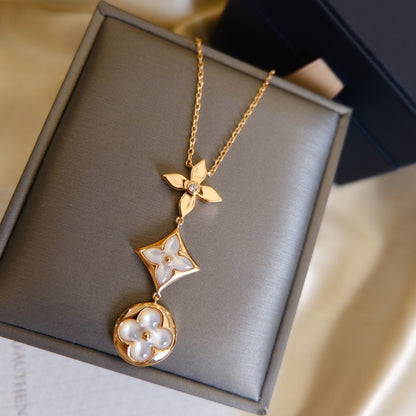 [Kincade Jewelrys]COLOR BLOSSOM LARIAT NECKLACE PINK GOLD WHITE MOTHER PEARL AND DIAMOND