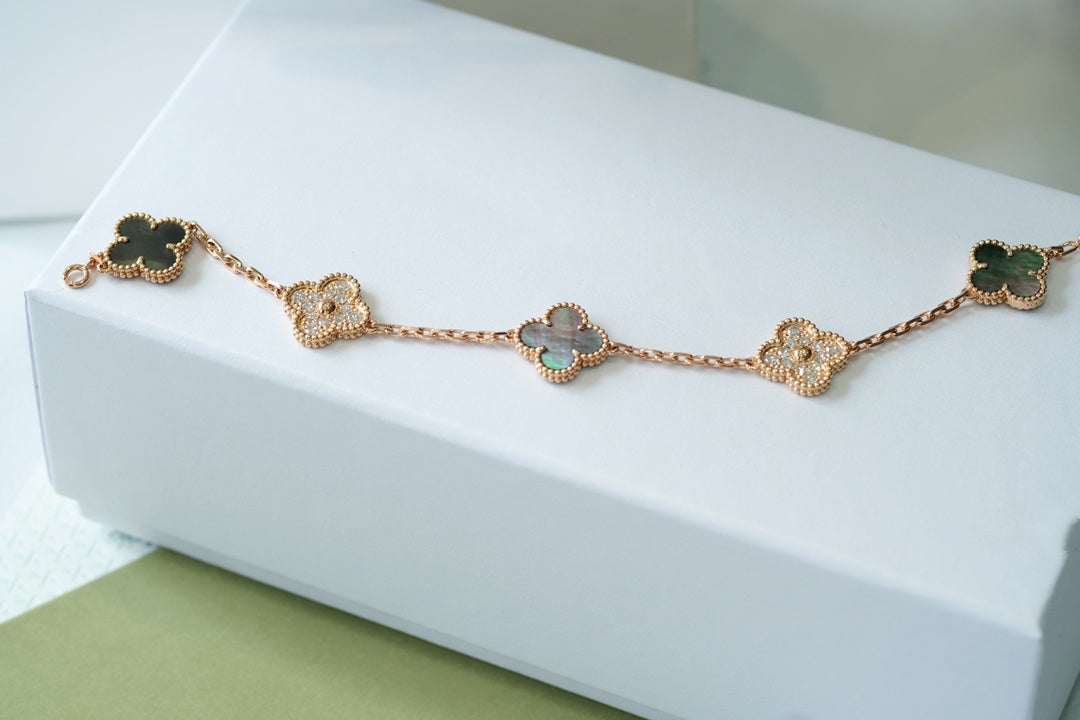 [Kincade Jewelrys]CLOVER 5 MOTIFS DARK MOP AND DIAMONDS PINK GOLD BRACELET