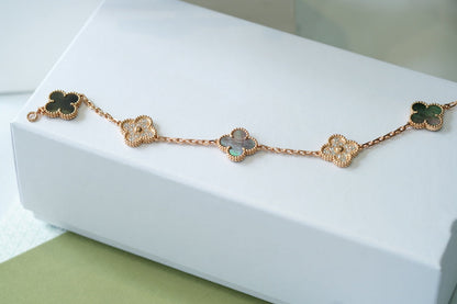 [Kincade Jewelrys]CLOVER 5 MOTIFS DARK MOP AND DIAMONDS PINK GOLD BRACELET